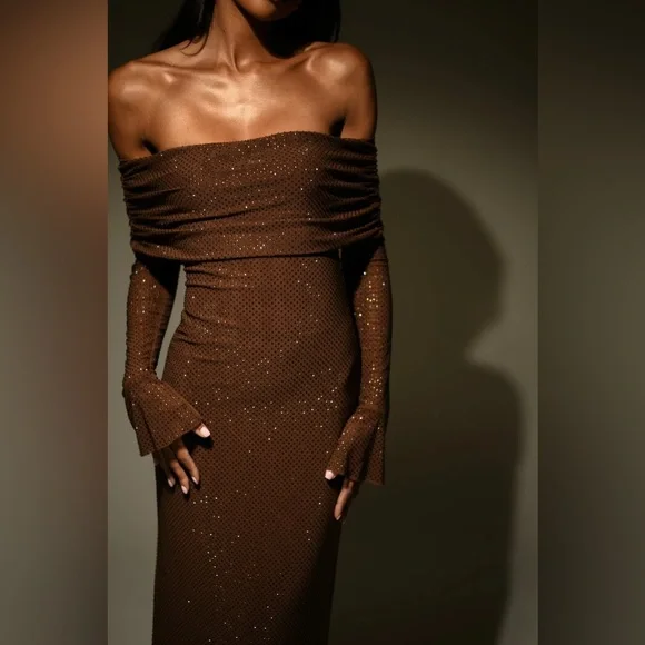 NWT Meshki Marcel Off Shoulder Diamante Maxi Dress - Picture 3 of 6